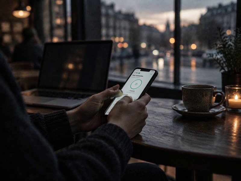 Someone at a café table holding a phone showing ROOT VPN connected and Protected.